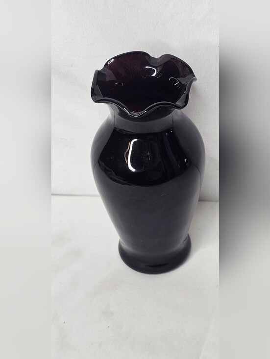 Vintage Other - Vintage Black Amethyst Glass Ruffled Vase | 5.5" Dark Purple Crimped Rim Urn